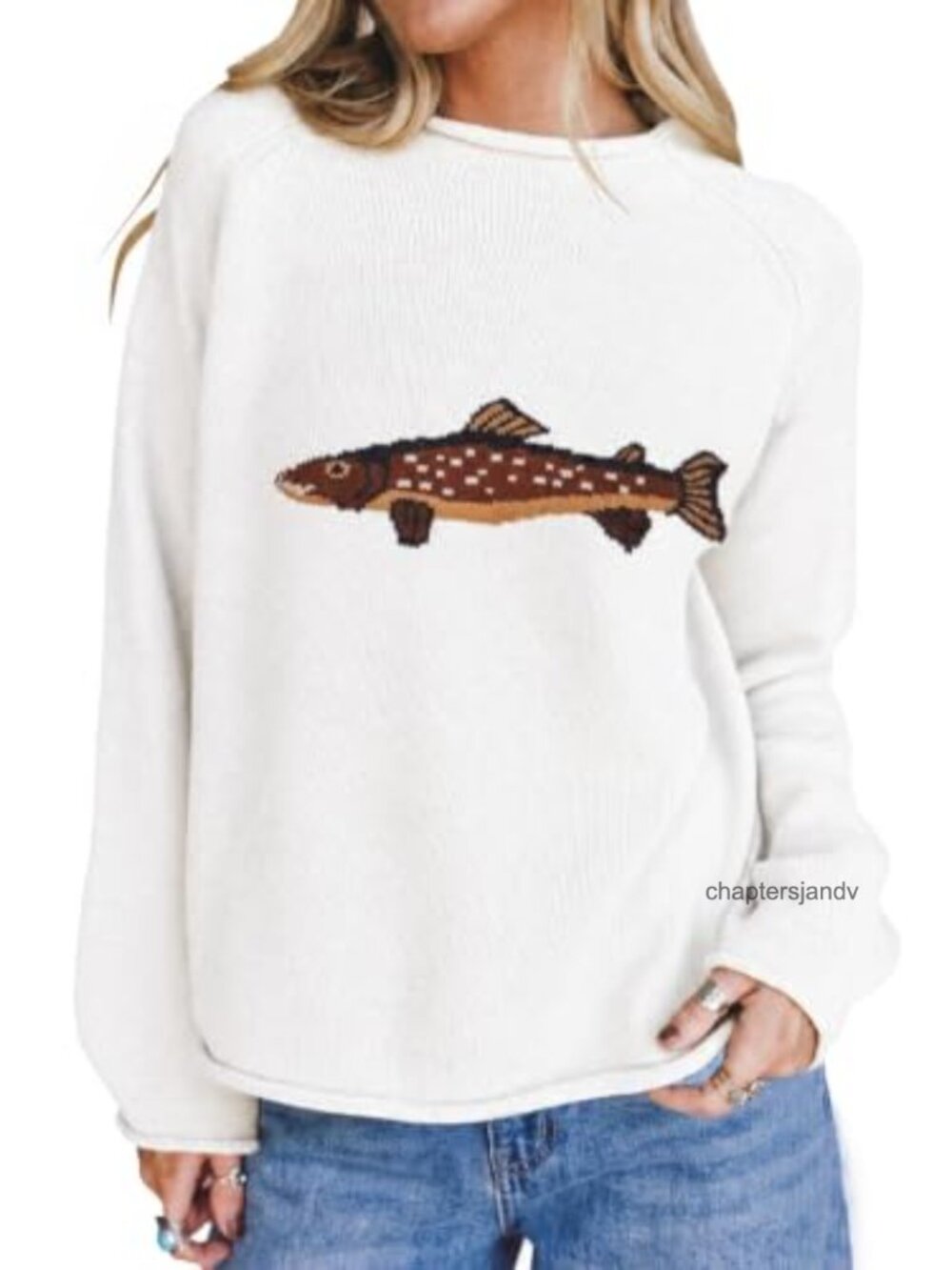 Oversized Fish Graphic Knit Pullover Sweater Lightweight Women's Casual